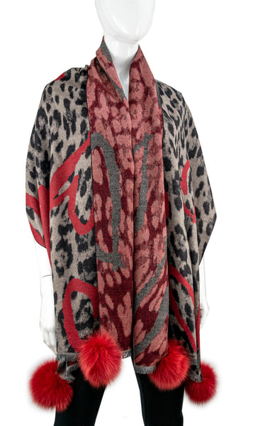 Rippe's Furs Animal & Graffiti Hearts Print Scarf with Fox Fur Poms - Red