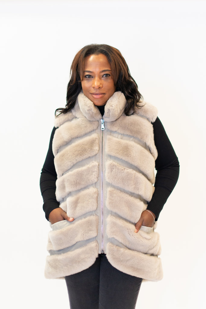 Rippe's Furs Hi/Low Tiered Chevron Rabbit Fur Vest - Taupe