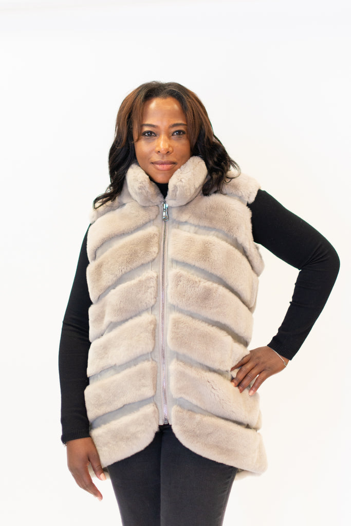 Rippe's Furs Hi/Low Tiered Chevron Rabbit Fur Vest - Taupe
