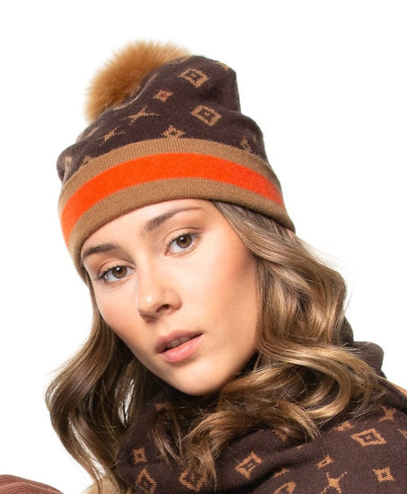 Rippe's Furs Knit Monogram Beanie with Fox Fur Pom -Brown/Orange