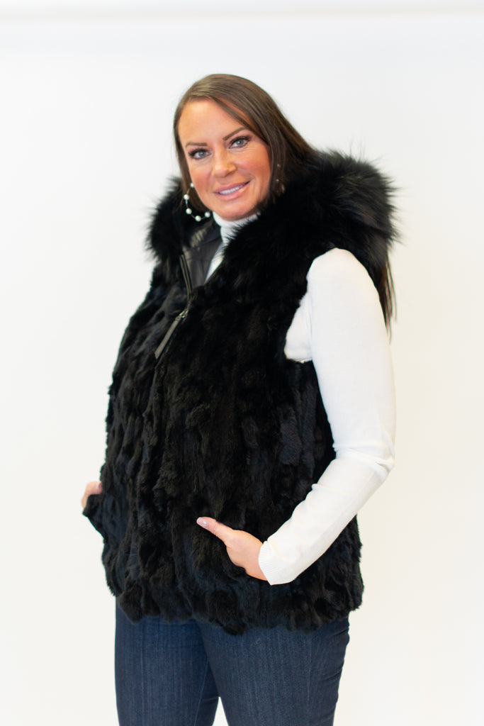Rippe's Furs Reversible Raccoon Fur Trim Hooded Rabbit Fur Vest - Black