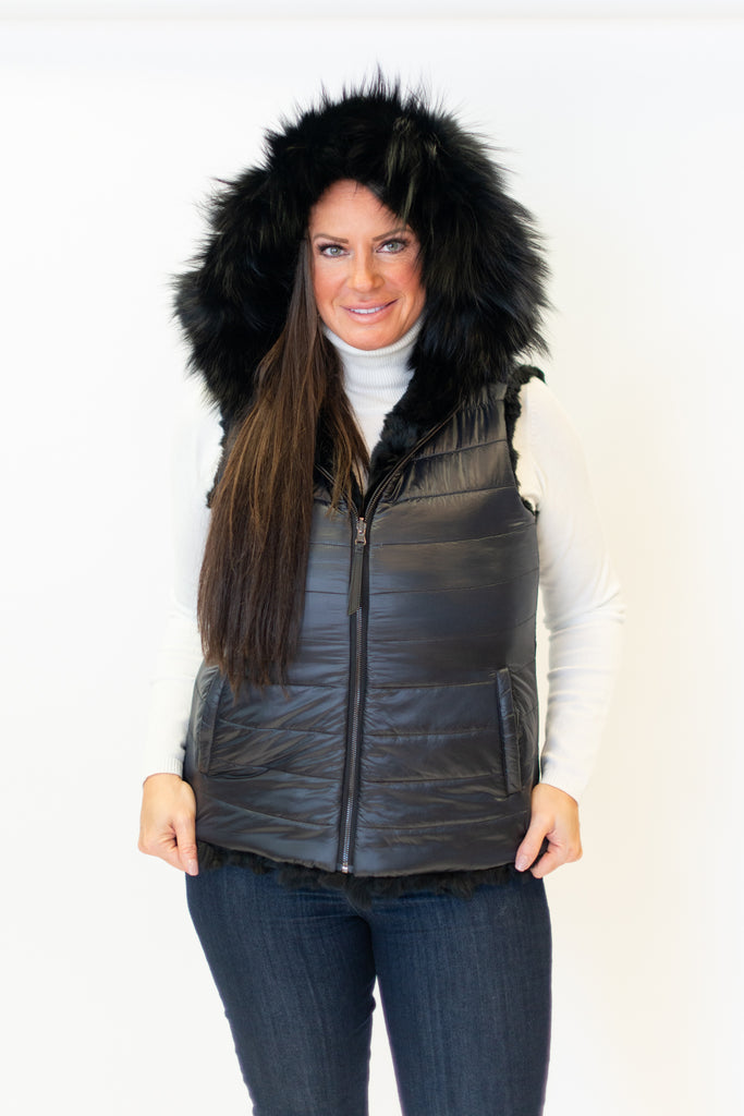 Rippe's Furs Reversible Raccoon Fur Trim Hooded Rabbit Fur Vest - Black