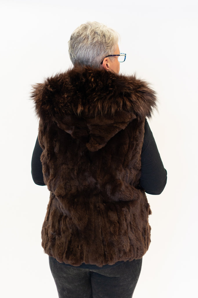 Rippe's Furs Reversible Raccoon Fur Trim Hooded Rabbit Fur Vest - Brown