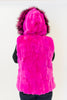 Image of Rippe's Furs Reversible Raccoon Fur Trim Hooded Rabbit Fur Vest - Fuchsia