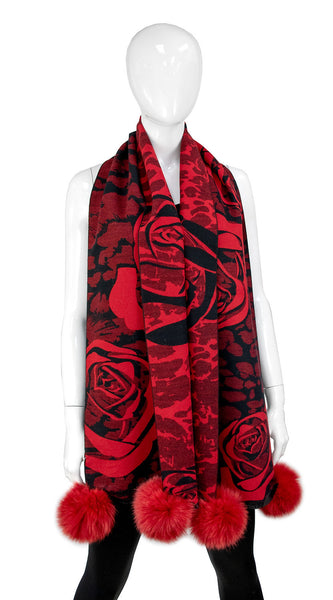 Rippe's Furs Rose Print Scarf with Fox Fur Poms - Red/Black