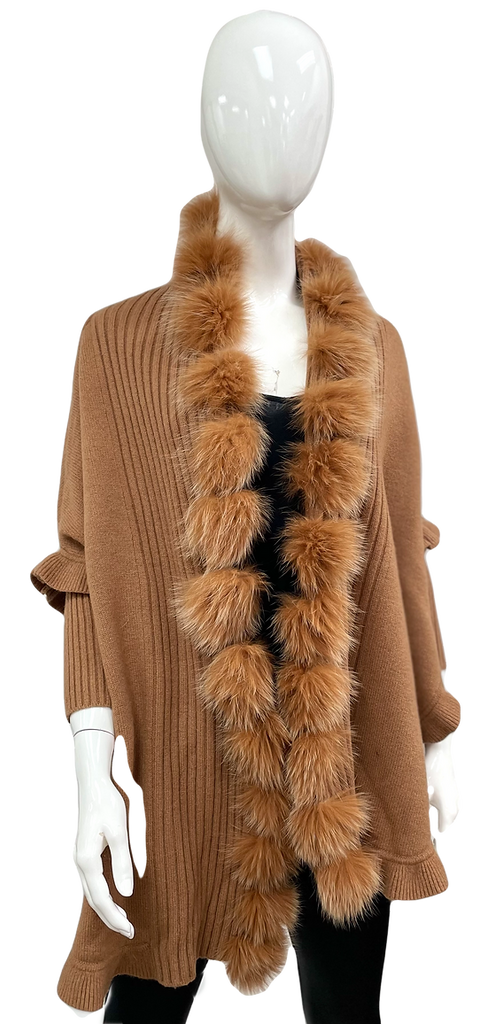 Rippe's Furs Fox Fur Trim Ruffled Wool Wrap - Camel