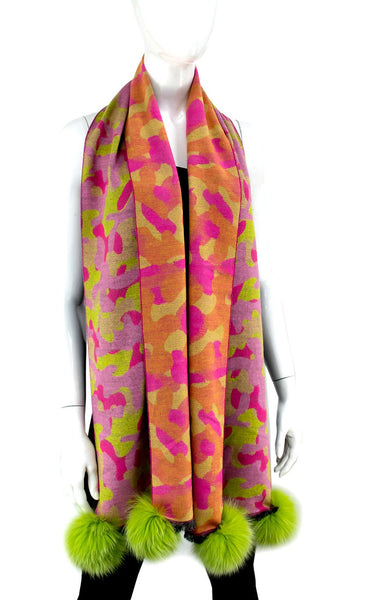 Rippe's Furs Camouflage Print Scarf with Fox Fur Poms - Pink Camouflage