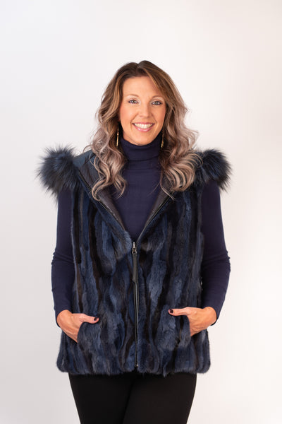 Rippe's Furs Reversible Sculpted Hooded Mink Vest with Fox Fur Trim - Navy