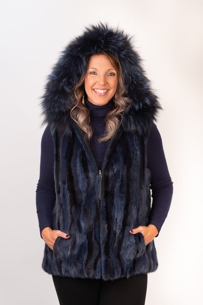 Rippe's Furs Reversible Sculpted Hooded Mink Vest with Fox Fur Trim - Navy