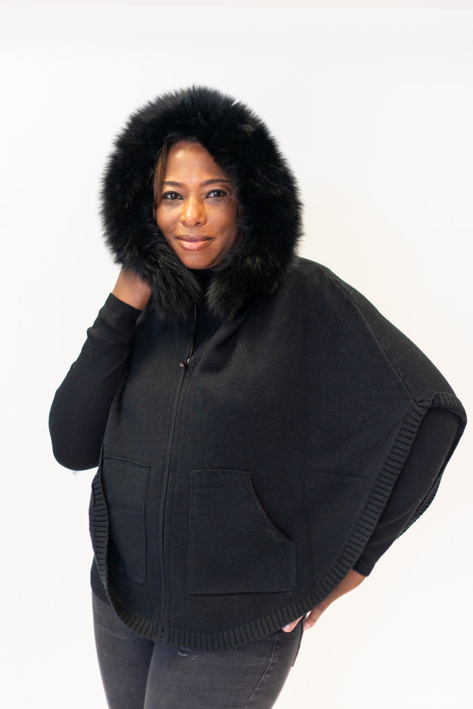 Rippe's Furs Hooded Zip Front Poncho Sweater with Fox Fur Trim - Black