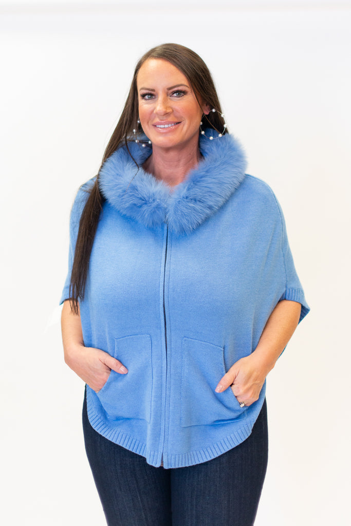 Rippe's Furs Hooded Zip Front Poncho Sweater with Fox Fur Trim - Denim