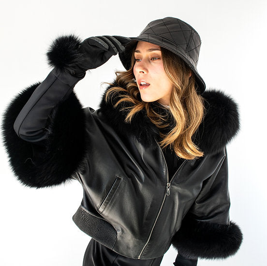 Rippe's Furs Fox Fur Trimmed Short Leather Jacket - Black