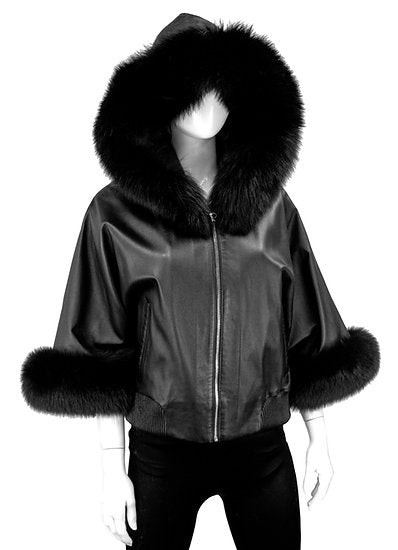 Rippe's Furs Fox Fur Trimmed Short Leather Jacket - Black