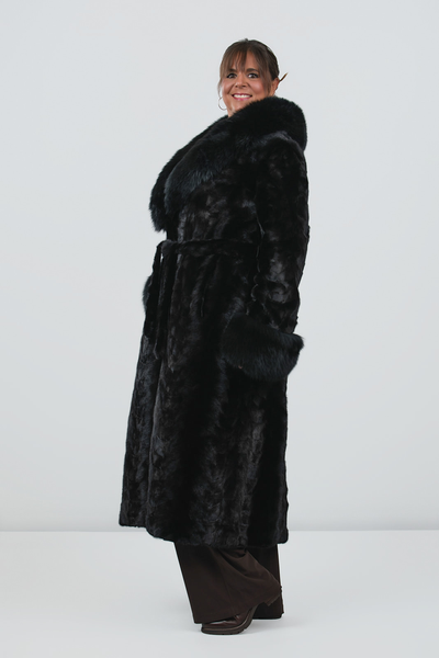 Rippe's Furs Belted Sectioned Mink Coat with Fox Collar & Cuffs - Black