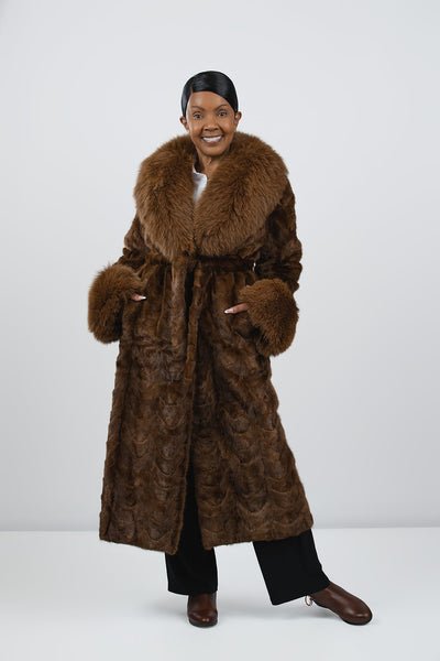 Rippe's Furs Belted Sectioned Mink Coat with Fox Collar & Cuffs - Cognac