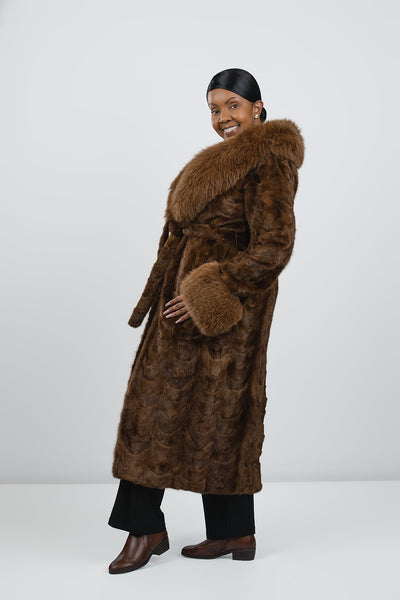 Rippe's Furs Belted Sectioned Mink Coat with Fox Collar & Cuffs - Cognac