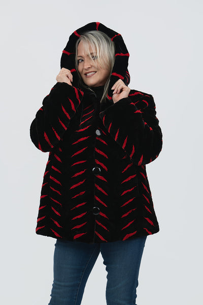 Rippe's Furs Hooded Reversible Sheared Striped Section Mink Jacket - Black/Red