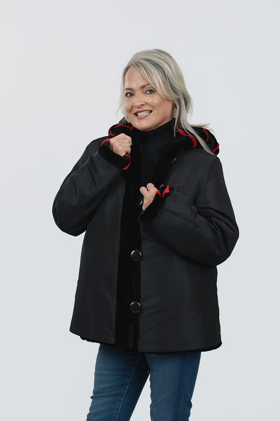 Rippe's Furs Hooded Reversible Sheared Striped Section Mink Jacket - Black/Red