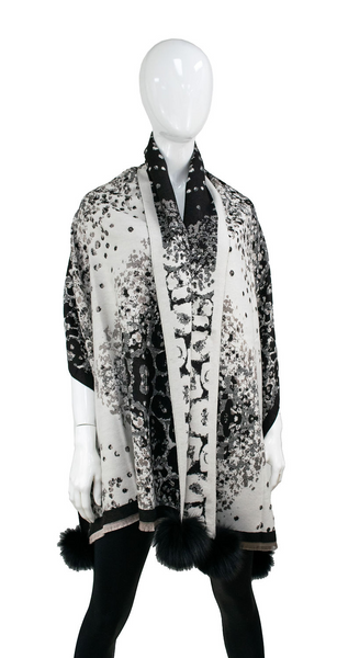 Rippe's Furs Animal Print Scarf with Fox Fur Poms - White/Black