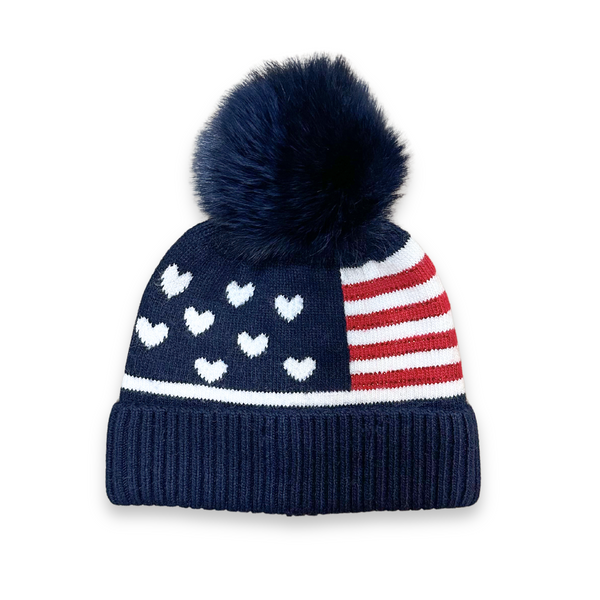 Rippe's Furs American Flag Beanie with Fox Fur Pom - Navy