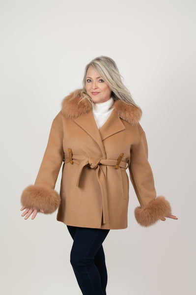 Rippe's Furs Double Faced Cashmere Blend Belted Peacoat with Detachable Fox Fur Collar & Cuffs - Camel