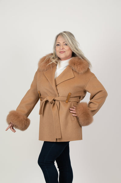Rippe's Furs Double Faced Cashmere Blend Belted Peacoat with Detachable Fox Fur Collar & Cuffs - Camel