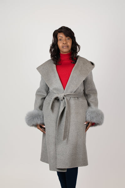 Rippe's Furs Double Faced Cashmere Blend Hooded A-Line Wrap Coat with Fox Fur Cuffs - Grey