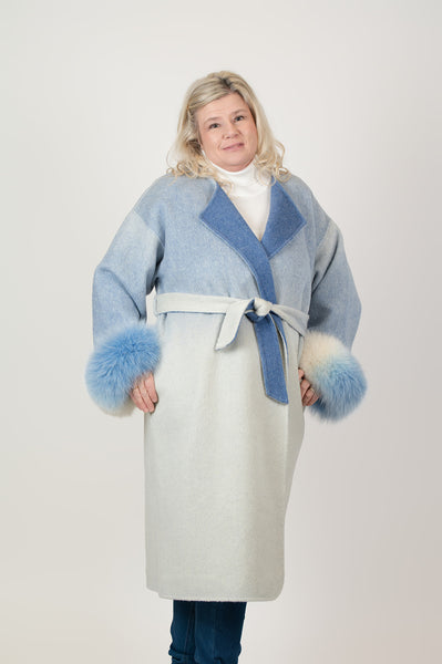 Rippe's Furs Double Faced Cashmere Blend Dip Dyed Wrap Coat with Fox Fur Cuffs - Blue