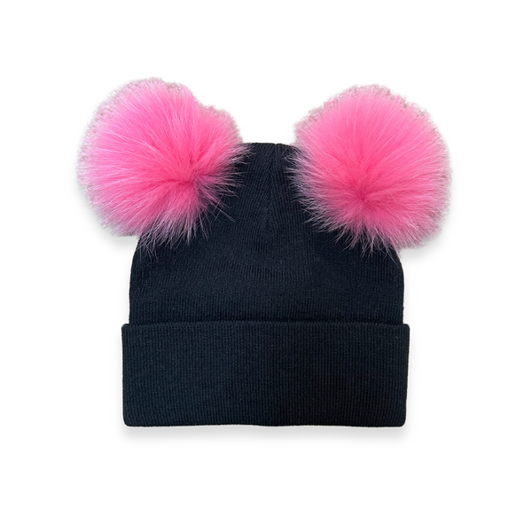 Rippe's Furs Beanie with Two Fox Fur Poms - Black/Fuchsia