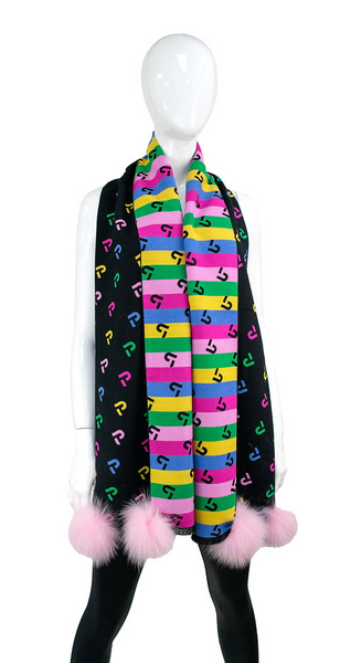 Rippe's Furs Reversible Monogram Print Scarf with Fox Fur Poms - Multicolor