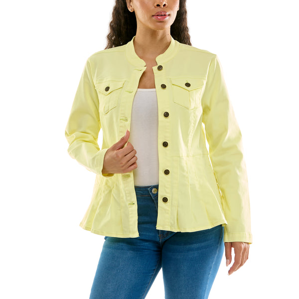 Rippe's Stretch Denim Mandarin Collar Peplum Jacket - Lemon Zest