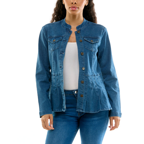Rippe's Stretch Denim Mandarin Collar Peplum Jacket - Light Wash