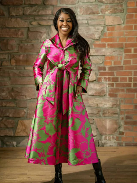 Samuel Dong Floral Brocade A-Line Dress - Bougainvillea Green