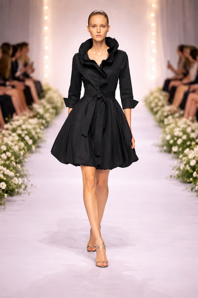Samuel Dong Stretch Dupioni Ruffle Collar Bubble Dress - Black