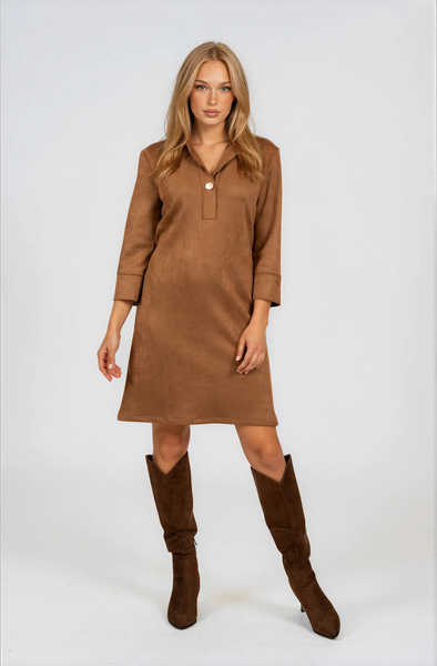 Scapa by Lauren Perre Faux Suede Single Button Detail Pull-Over Dress - Cognac