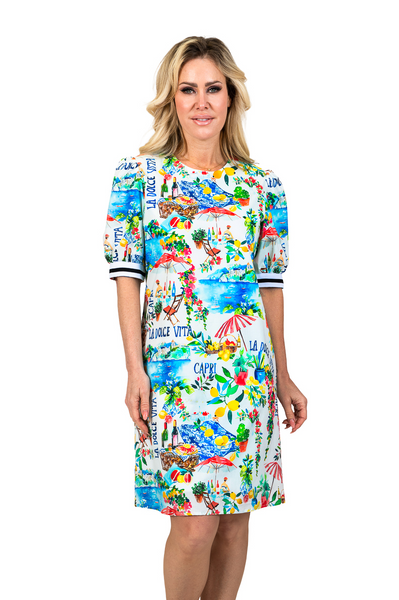 Scapa by Lauren Perre Travel Print Short Sleeve Cotton A-Line Dress - Multicolor