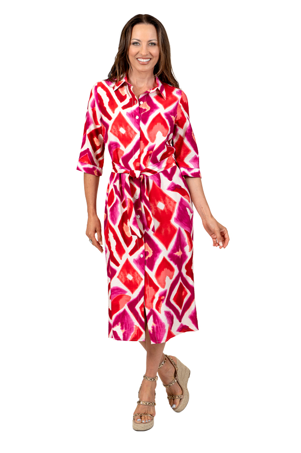 Scapa by Lauren Perre Ikat Print Belted Midi Shirt Dress - Red/Multicolor