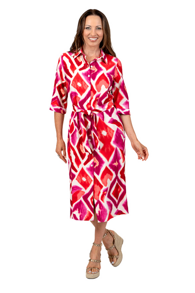 Scapa by Lauren Perre Ikat Print Belted Midi Shirt Dress - Red/Multicolor