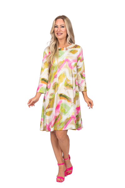 Scapa by Lauren Perre 3/4 Sleeve A-Line Grommet Detail Jersey Dress - Brushstroke Print