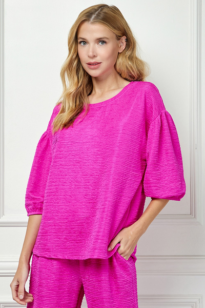 See and Be Seen Textured 3/4 Sleeve Top and Pull On Crop Pant Set - Fuchsia