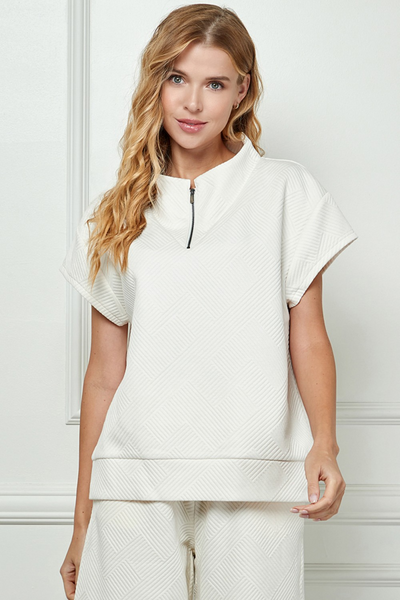 See and Be Seen Short Dolman Sleeve Textured Quarter Zip Top - Cream