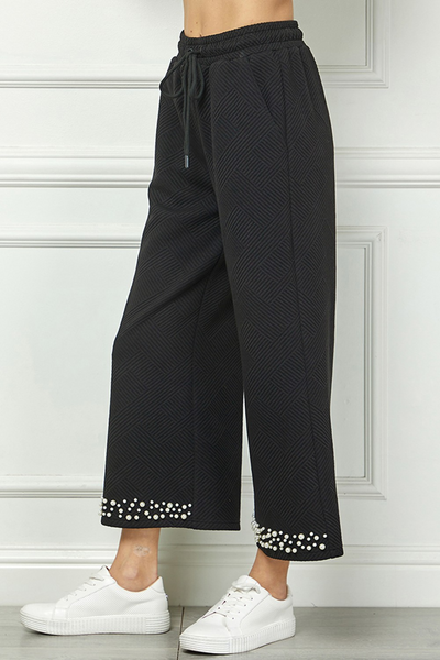 See and Be Seen Pearl Embellished Textured Knit Wide Leg Crop Pant - Black