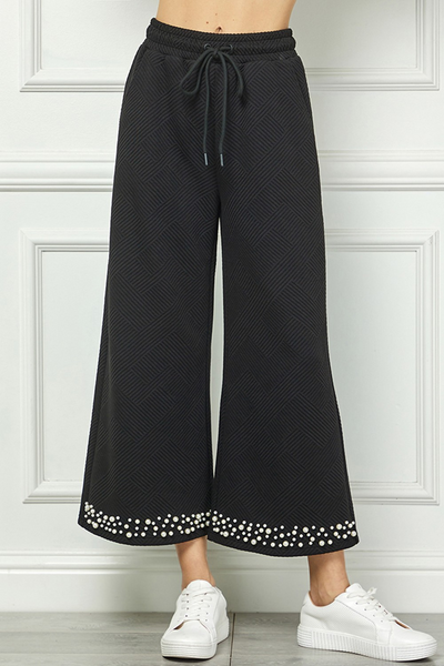 See and Be Seen Pearl Embellished Textured Knit Wide Leg Crop Pant - Black