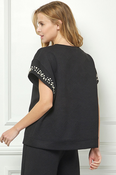 See and Be Seen Pearl Embellished Short Dolman Sleeve Textured Knit Top - Black