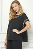 Image of See and Be Seen Pearl Embellished Short Dolman Sleeve Textured Knit Top - Black