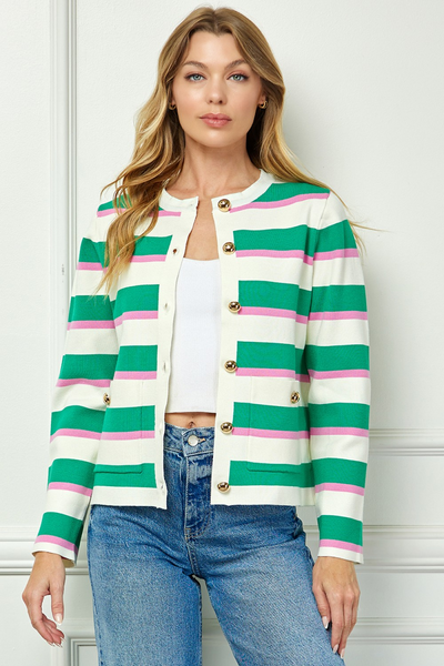 See and Be Seen Striped Sweater Knit Cardigan - Green/Pink