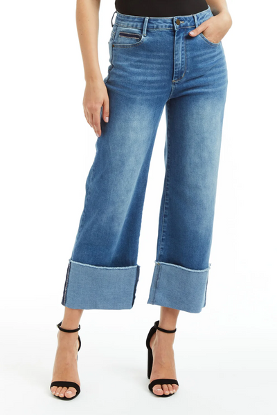 Tractr Selvege Cuff Mid Rise Wide Straight Ankle Crop Jean - Medium Indigo Wash