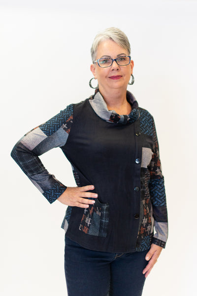Shana Apparel Mixed Media Pocket Detail Cowl Neck Overlay Top - Navy