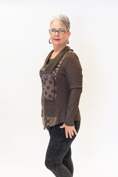 Shana Apparel Cowl Neck Patch Pocket Top - Brown