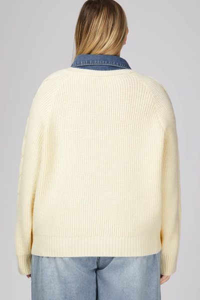 She+Sky Clothing Plus Size Denim Collar Cable Knit Detail Long Sleeve Sweater - Cream/Blue